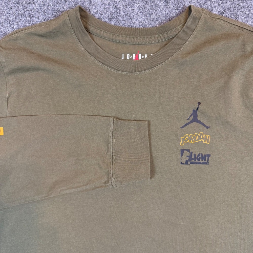 Jordan Flight Team Mens Long Sleeve T-Shirt Olive Green Jumpman Logo Graphic
